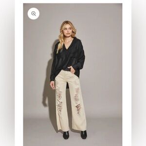 Distressed Beige Wide Leg Pants